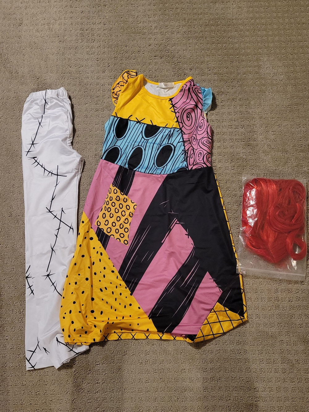 Sally Costume with White Stitched Leggings and Wig